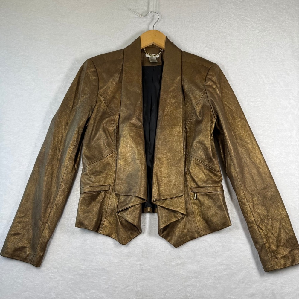 Cache Womens Metallic Bronze Gold Open Front Draped Faux Leather Jacket Size 2